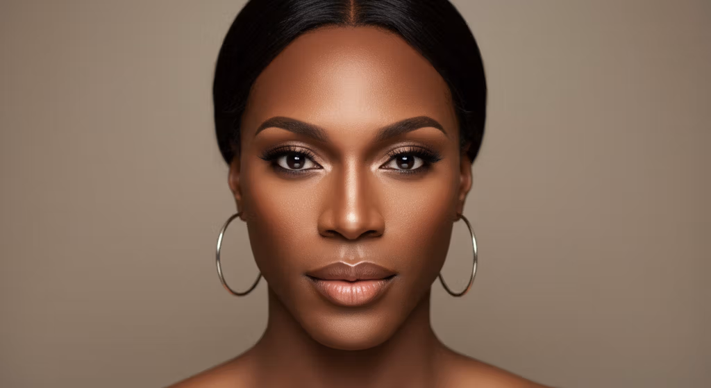 A close-up portrait of a woman with smooth, radiant skin, wearing large hoop earrings, and looking directly at the camera with a neutral expression.
