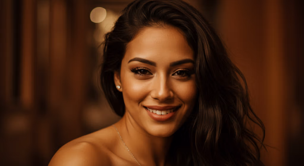 A smiling woman with long dark hair, wearing subtle makeup and a delicate necklace, posing in a warm, softly lit environment.