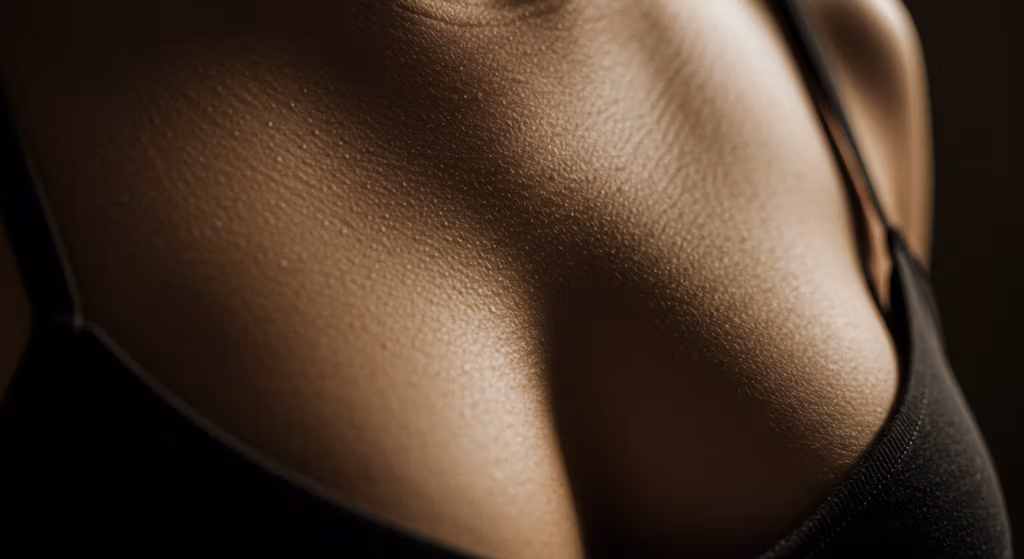 Close-up photograph of a person's shoulder and upper back, showcasing smooth skin texture and a black fabric strap, likely from a garment or accessory.