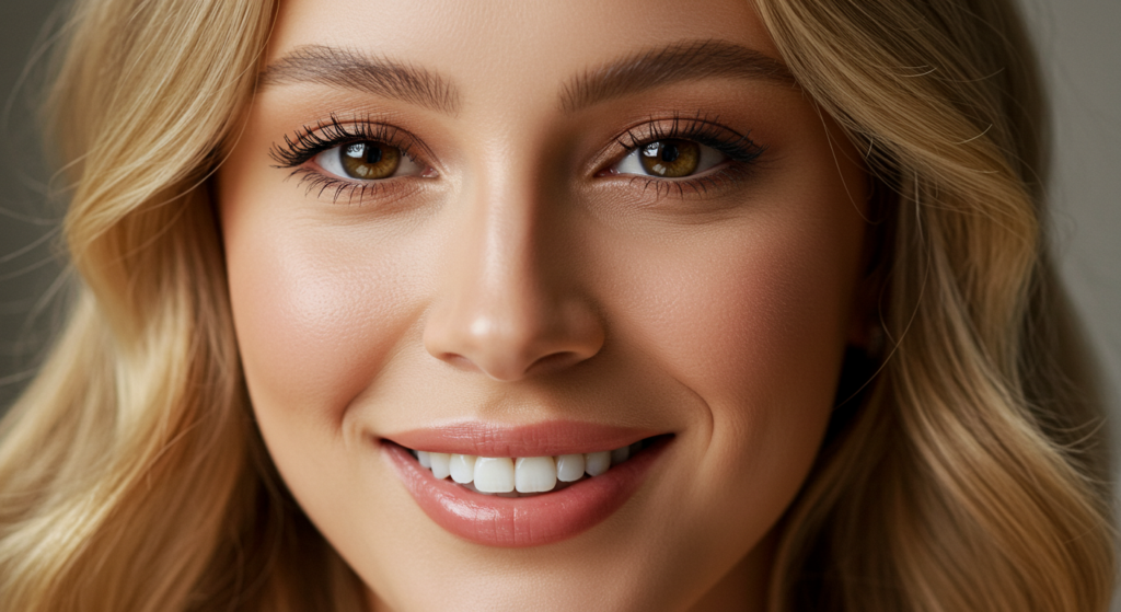 Ein Nahaufnahmeporträt einer lächelnden Frau mit blonden Haaren