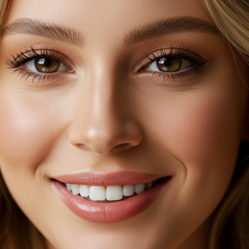 Ein Nahaufnahmeporträt einer lächelnden Frau mit blonden Haaren