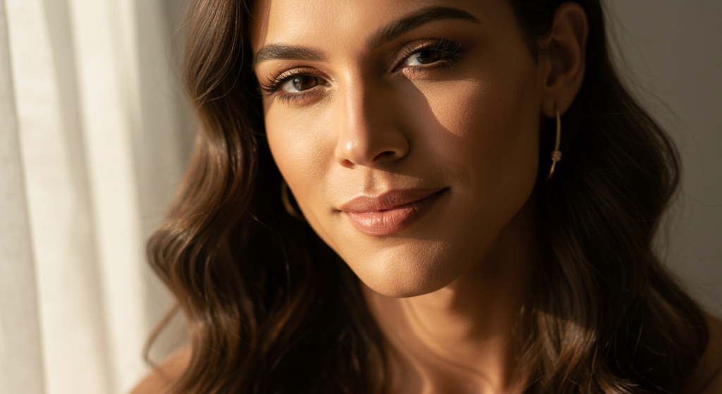 Ein Nahaufnahmeporträt einer Frau mit welligem braunem Haar und natürlichem Make-up, die mit sanftem Gesichtsausdruck direkt in die Kamera blickt. Sie trägt kleine goldene Creolen und steht in der Nähe eines Fensters, durch das natürliches Licht ihr Gesicht erhellt.