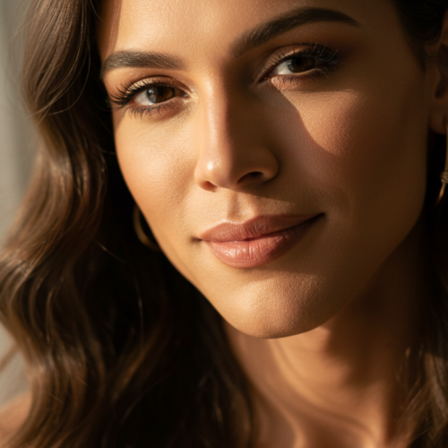 Ein Nahaufnahmeporträt einer Frau mit welligem braunem Haar und natürlichem Make-up, die mit sanftem Gesichtsausdruck direkt in die Kamera blickt. Sie trägt kleine goldene Creolen und steht in der Nähe eines Fensters, durch das natürliches Licht ihr Gesicht erhellt.