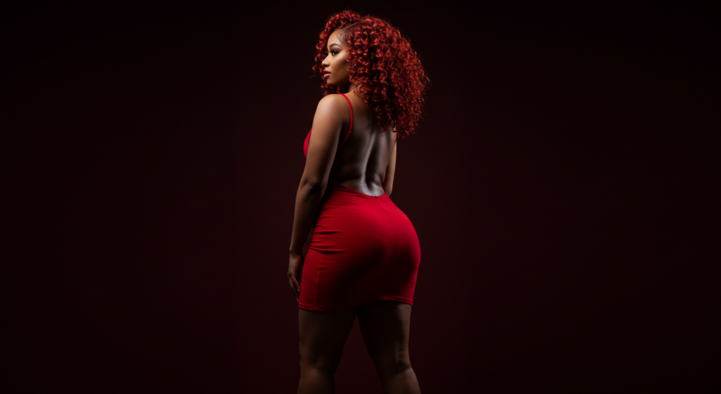 Een vrouw met felrood haar en een nauwsluitende rode sportoutfit staat zelfverzekerd tegen een donkere achtergrond. De belichting accentueert haar gelaatstrekken en de textuur van haar outfit, wat een opvallend en dramatisch visueel effect creëert.