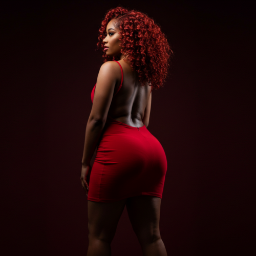 Eine Frau mit leuchtend rotem Haar und einem figurbetonten roten Sportoutfit steht selbstbewusst vor einem dunklen Hintergrund. Die Beleuchtung hebt ihre Gesichtszüge und die Textur ihres Outfits hervor und erzeugt so einen eindrucksvollen und dramatischen visuellen Effekt.