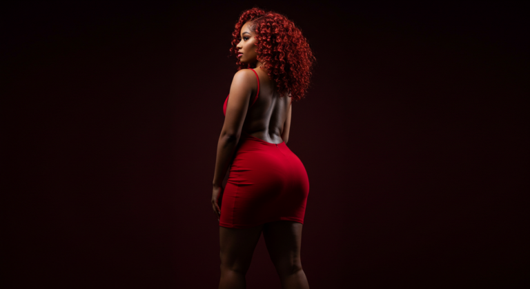 Женщина с ярко-рыжими волосами в облегающем красном спортивном костюме уверенно стоит на тёмном фоне. Освещение подчёркивает её черты лица и фактуру одежды, создавая поразительный и драматичный визуальный эффект.
