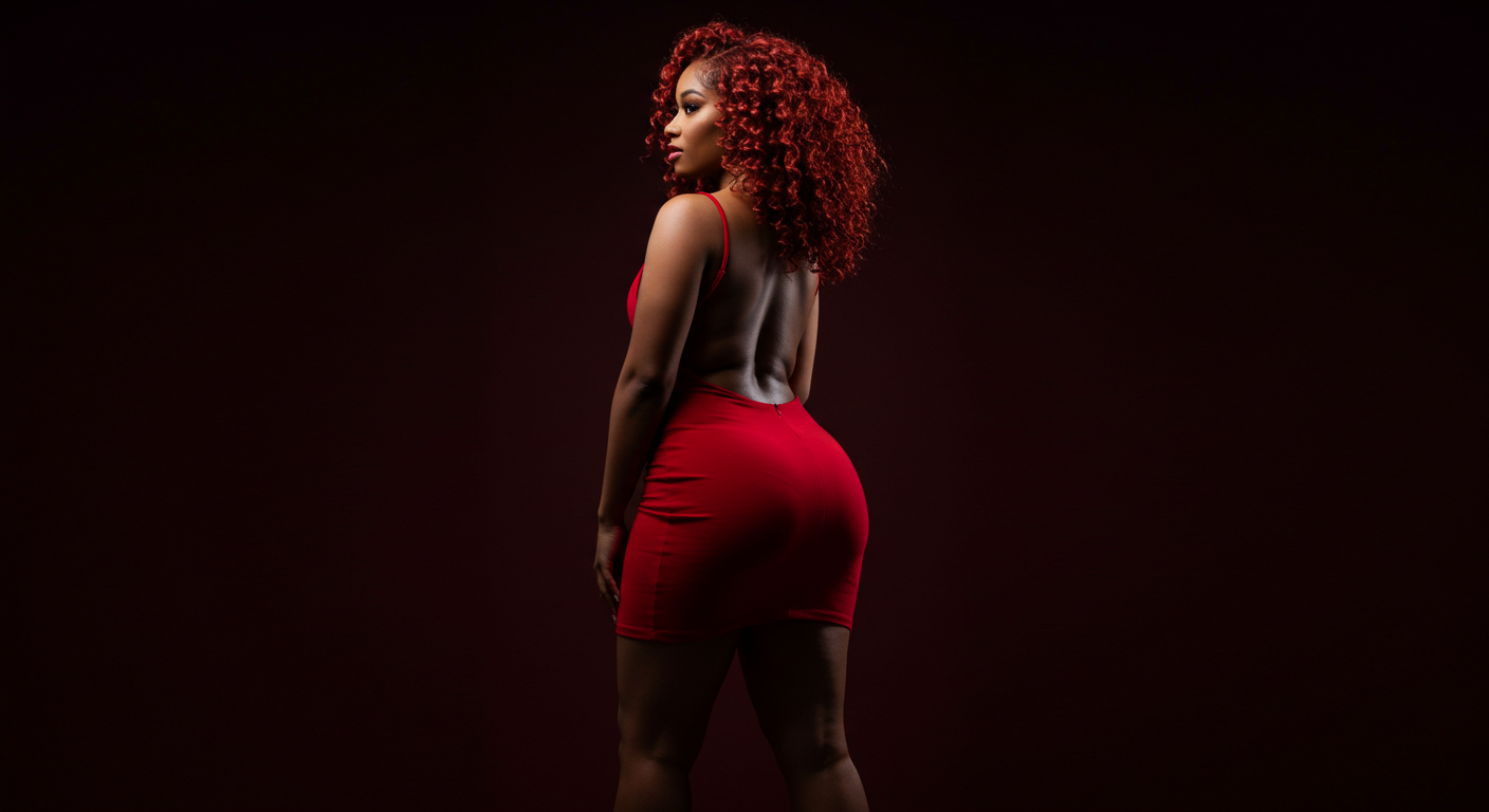 Description éditoriale professionnelle de l'image représentant une personne aux cheveux roux bouclés et volumineux, vêtue d'une tenue rouge, dans une composition à la fois dramatique et esthétiquement raffinée. --- **Appareil photo et optique :** L'image semble avoir été prise avec un objectif à focale fixe haut de gamme, probablement un objectif macro de 85 mm ou 105 mm, réputé pour sa capacité à produire des détails nets et un bokeh agréable. La résolution et la netteté suggèrent un tournage en 8K ou dans un format de résolution équivalente, offrant un rendu hyperréaliste. La faible profondeur de champ garantit une mise au point précise du sujet tout en floutant subtilement l'arrière-plan, ce qui met en valeur sa forme et sa texture. --- **Éclairage :** L'éclairage utilise une technique de lumière dure, créant des ombres marquées et dramatiques qui accentuent les contours du sujet. La source lumineuse semble provenir d'un angle latéral, probablement à 45 degrés, ce qui renforce la tridimensionnalité de la silhouette. Cette technique souligne les courbes et la musculature, ajoutant profondeur et une dimension sculpturale à la figure. Le jeu d'ombre et de lumière contribue à une impression de drame et d'intensité. --- **Anatomie et identité :** Le sujet est une femme à l'allure assurée et élégante. Sa posture est droite, avec un léger cambrage du dos, soulignant ses courbes naturelles. La taille, fine et marquée, contraste de façon saisissante avec les hanches et les cuisses plus généreuses. L'image célèbre la silhouette voluptueuse et harmonieuse du sujet, mettant en valeur la beauté naturelle de ses traits anatomiques. --- **Texture et peau :** La peau présente une luminosité subtile, évoquant une légère application d'huile ou de transpiration, ce qui accentue sa texture et sa profondeur. L'éclairage met en valeur l'éclat naturel de la peau, créant une douce luminescence qui souligne sa douceur et son élasticité. Les micro-détails, tels que la texture fine de la peau et les reflets de la lumière, contribuent au réalisme saisissant de l'image. --- **Vêtements et accessoires :** Le sujet porte une robe rouge moulante, probablement en satin ou en latex, qui épouse ses formes et souligne sa silhouette. Le reflet du tissu intensifie le rouge et renforce l’aspect luxueux de l’image. Aucun accessoire métallique n’est visible, permettant ainsi de concentrer toute l’attention sur la silhouette du sujet et la texture du vêtement. --- **Composition et arrière-plan :** La composition est centrée sur le sujet, mettant en valeur sa silhouette et le jeu d’ombre et de lumière. L’arrière-plan, sombre et minimaliste, probablement noir ou brun foncé, accentue le sujet et crée une atmosphère d’intimité et de concentration. L’ensemble évoque un luxe inspiré du film noir, avec une esthétique à la fois dramatique et sophistiquée qui souligne l’élégance et la force du sujet.