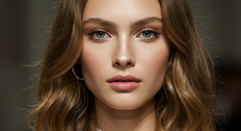 Un retrato en primer plano de una mujer joven con llamativos ojos azules, maquillaje suave y cabello castaño ondulado.