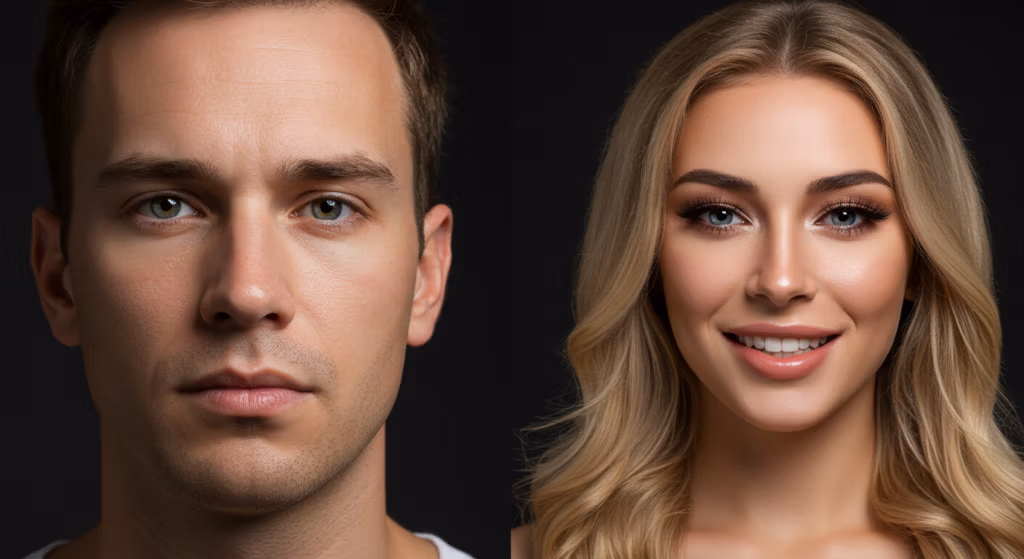 Comparación lado a lado de un hombre y una mujer con piel tersa y sana, sobre un fondo oscuro. La imagen resalta los rasgos faciales y la calidad de la piel, probablemente para mostrar los resultados de tratamientos cosméticos o para el cuidado de la piel.