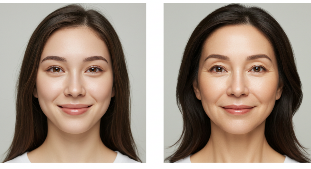 Biri genç, diğeri yaşlı iki kadının yan yana çekilmiş fotoğrafları, minimum makyajla doğal yüz hatlarını ve ifadelerini sergiliyor.