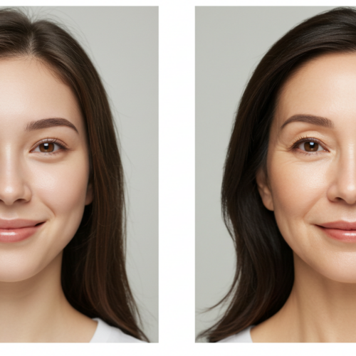 Zwei nebeneinander stehende Fotos von Frauen, eine jünger und eine älter, die natürliche Gesichtszüge und Ausdrücke mit minimalem Make-up zeigen.