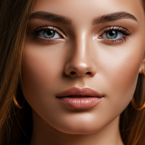 Ein Nahaufnahmeporträt einer Frau mit blauen Augen und braunem Haar, die goldene Creolen trägt.