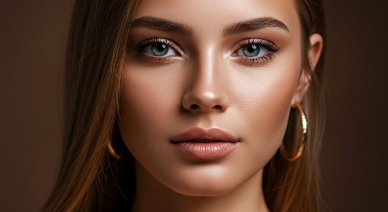 Un retrato de primer plano de una mujer con ojos azules y cabello castaño que lleva aros de oro.