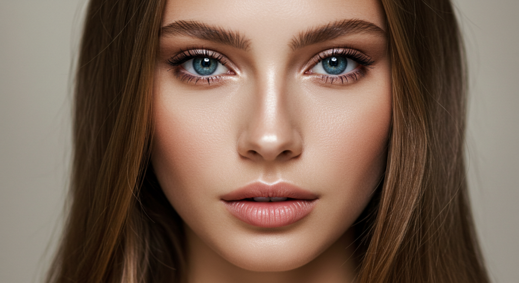 Ein Nahaufnahmeporträt einer Frau mit auffallend blauen Augen, langem braunem Haar und natürlichem Make-up, die vor einem schlichten Hintergrund direkt in die Kamera blickt.