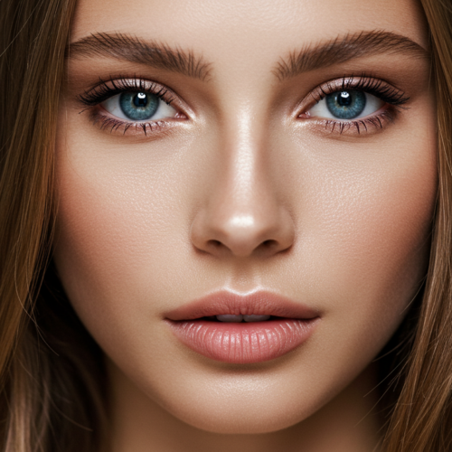 Ein Nahaufnahmeporträt einer Frau mit auffallend blauen Augen, langem braunem Haar und natürlichem Make-up, die vor einem schlichten Hintergrund direkt in die Kamera blickt.