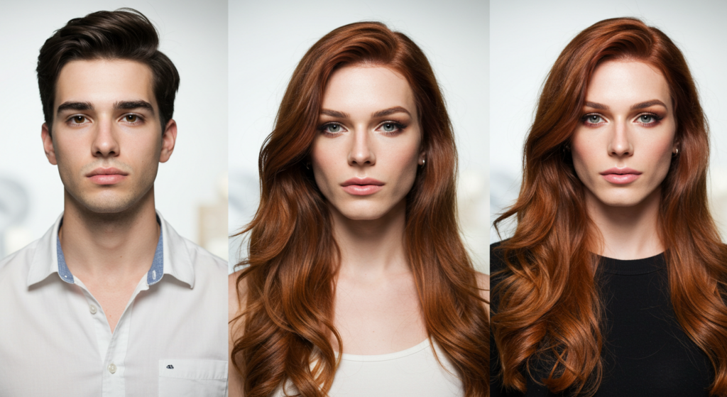 Drie personen met een opvallend uiterlijk. Links een man met donker haar en een wit overhemd. In het midden een vrouw met lang, golvend rood haar, gekleed in een lichtgekleurde top. Rechts een andere vrouw met vergelijkbaar rood haar, eveneens gekleed in een donkere top.