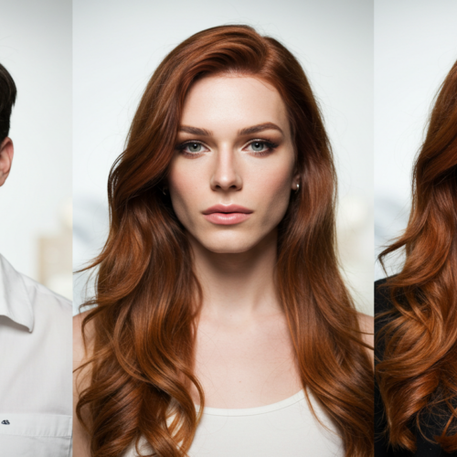 Drei Personen mit unterschiedlichem Aussehen. Links ein Mann mit dunklem Haar und einem weißen Hemd. In der Mitte eine Frau mit langem, welligem rotem Haar, die ein helles Oberteil trägt. Rechts eine weitere Frau mit ähnlich rotem Haar, die ebenfalls ein dunkles Oberteil trägt.