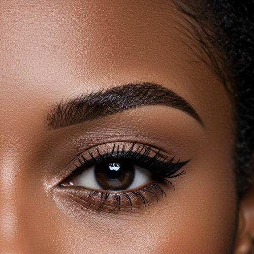 Eine Nahaufnahme des Gesichts einer Person mit Fokus auf Augen und Augenbrauen. Die Person hat dunkle Haut, gepflegte Augenbrauen und trägt Make-up, einschließlich Eyeliner und Mascara. Das Bild hebt die detaillierte Hautstruktur und die Präzision des Make-ups hervor, mit einer weichen, warmen Beleuchtung, die die natürliche Schönheit betont.