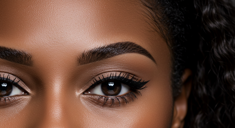 Fotografía en primer plano del rostro de una persona, con énfasis en los ojos y las cejas. La persona tiene piel oscura, cejas bien cuidadas y lleva maquillaje, incluyendo delineador de ojos y rímel. La imagen resalta la textura detallada de la piel y la precisión del maquillaje, con una iluminación suave y cálida que realza la belleza natural.