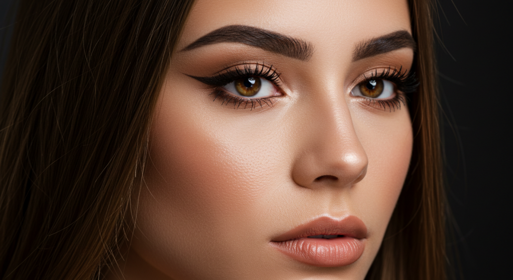 Nahaufnahmeporträt einer jungen Frau mit auffallenden braunen Augen, ausgeprägten Augenbrauen und dezentem Make-up, wobei der Schwerpunkt auf ihren Gesichtszügen und ihrem Ausdruck liegt.