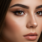 Portrait en gros plan d'une jeune femme aux yeux marron saisissants, aux sourcils définis et au maquillage subtil, se concentrant sur les traits et l'expression de son visage.