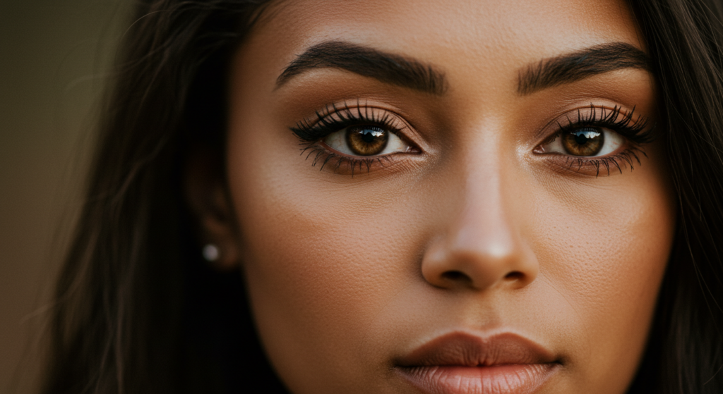 A close-up portrait of a woman with striking brown eyes, long dark hair, and defined eyebrows, captured in soft lighting with a natural makeup look.