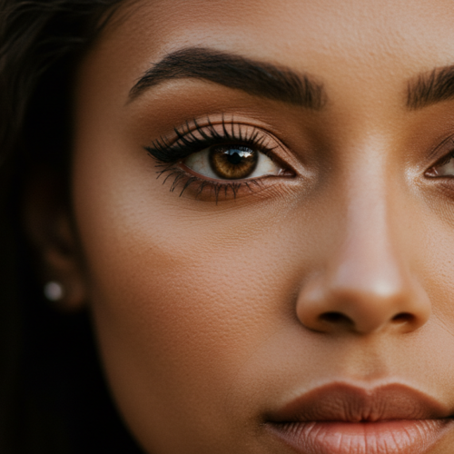 Ein Nahaufnahmeporträt einer Frau mit auffallenden braunen Augen, langem dunklem Haar und ausgeprägten Augenbrauen, aufgenommen bei sanfter Beleuchtung und natürlichem Make-up.