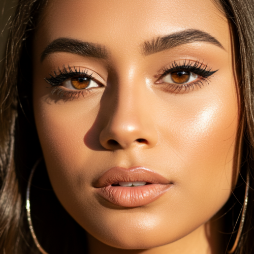 Ein Nahaufnahmeporträt einer Frau mit langen Haaren, großen goldenen Creolen und glamourösem Make-up. Die Beleuchtung betont ihre Gesichtszüge und sie hat einen ernsten Gesichtsausdruck.