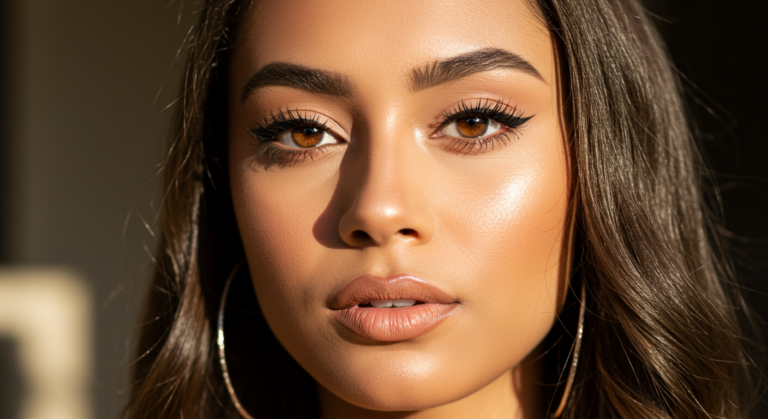 Портрет крупным планом женщины с длинными волосами, крупными золотыми серьгами-кольцами и гламурным макияжем. Освещение подчёркивает черты её лица, и выражение её лица серьёзное.