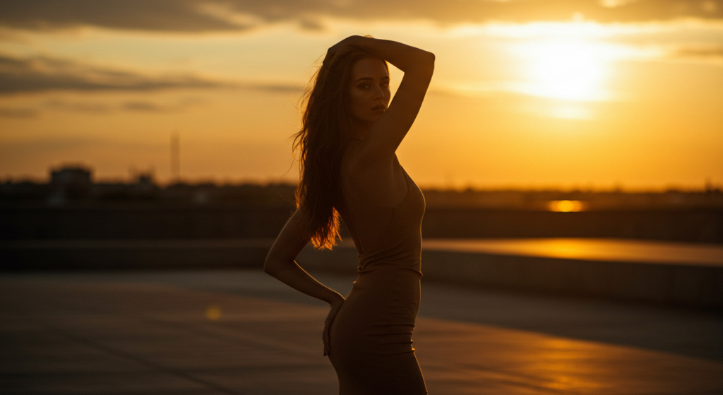 Eine Frau in einer von hinten beleuchteten Silhouette posiert selbstbewusst bei Sonnenuntergang mit wallendem langen Haar und einer Skyline im Hintergrund.