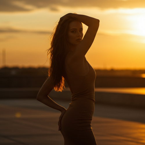 Eine Frau in einer von hinten beleuchteten Silhouette posiert selbstbewusst bei Sonnenuntergang mit wallendem langen Haar und einer Skyline im Hintergrund.