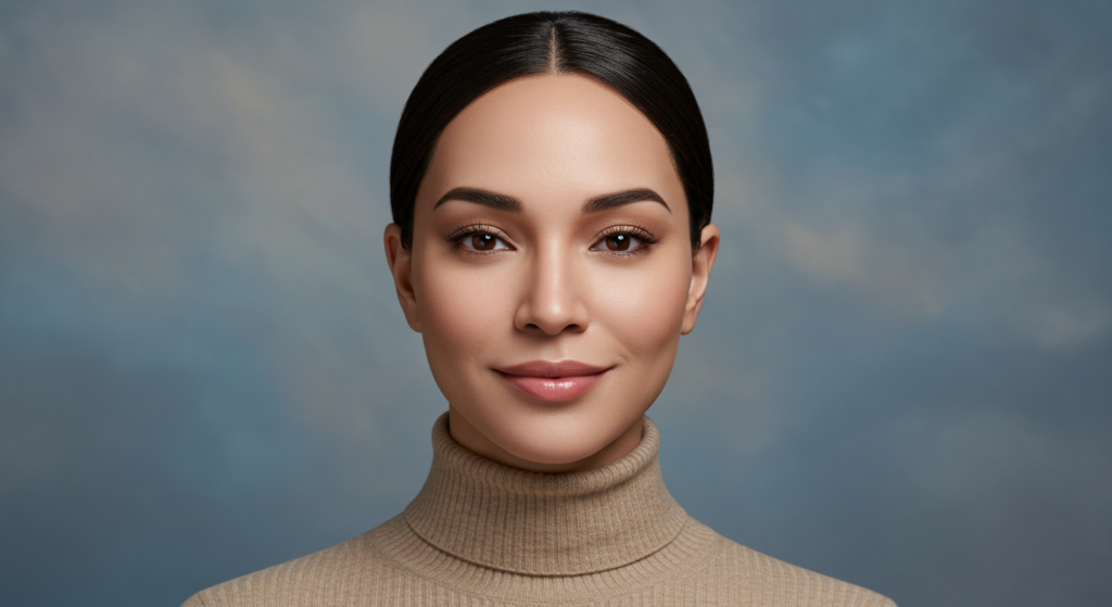 A portrait of a woman with a beige turtleneck sweater against a blue sky background.