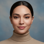 Un retrato de una mujer con un suéter de cuello alto de color beige sobre un fondo de cielo azul.