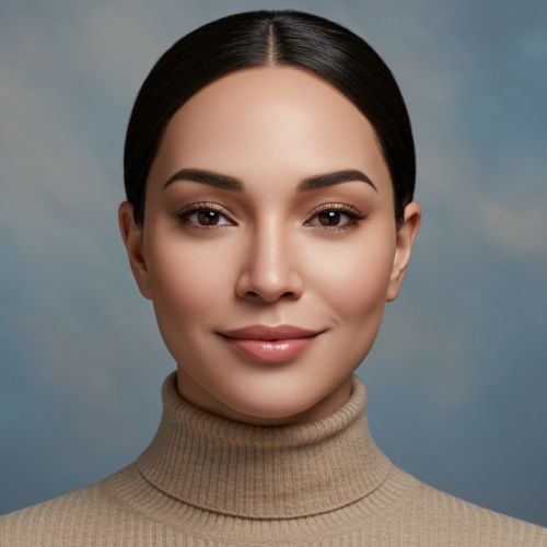 Ein Porträt einer Frau mit einem beigen Rollkragenpullover vor blauem Himmel.