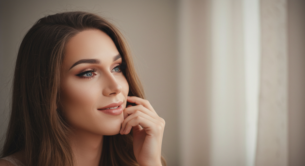 A close-up photo of a woman with long brown hair looking thoughtful by a window.