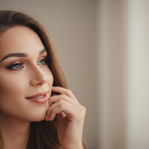 Eine Nahaufnahme einer Frau mit langen braunen Haaren, die nachdenklich an einem Fenster steht.