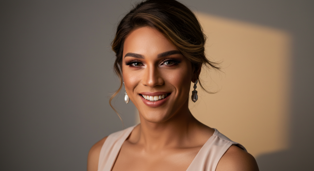 A smiling woman with styled hair and makeup, wearing elegant earrings and a light pink sleeveless top, posing in a studio with soft lighting.