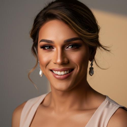 Eine lächelnde Frau mit gestyltem Haar und Make-up, die elegante Ohrringe und ein hellrosa ärmelloses Top trägt und in einem Studio mit sanfter Beleuchtung posiert.