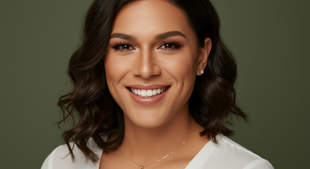 A smiling woman with wavy dark hair, wearing a white top, gold necklace, and earrings, posing against a green background.