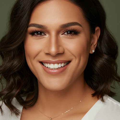 Eine lächelnde Frau mit welligem dunklem Haar, die ein weißes Oberteil, eine goldene Halskette und Ohrringe trägt und vor einem grünen Hintergrund posiert.