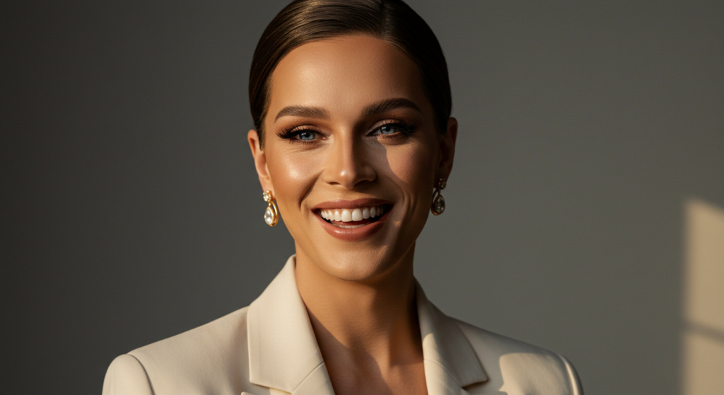 A portrait of a professional woman with a confident smile, wearing a cream-colored blazer and elegant earrings, posing against a dark background.