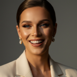Portrait d'une femme professionnelle au sourire confiant, portant un blazer de couleur crème et des boucles d'oreilles élégantes, posant sur un fond sombre.