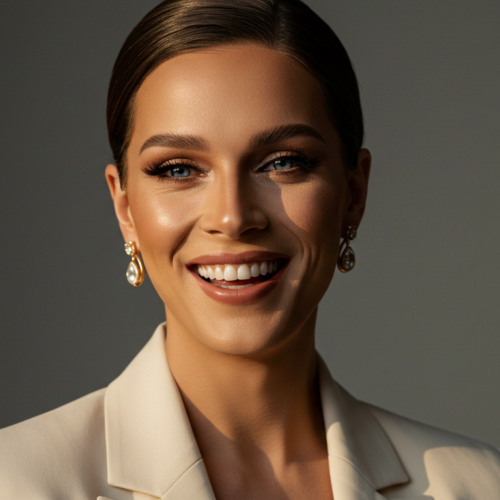 Ein Porträt einer berufstätigen Frau mit einem selbstbewussten Lächeln, die einen cremefarbenen Blazer und elegante Ohrringe trägt und vor einem dunklen Hintergrund posiert.