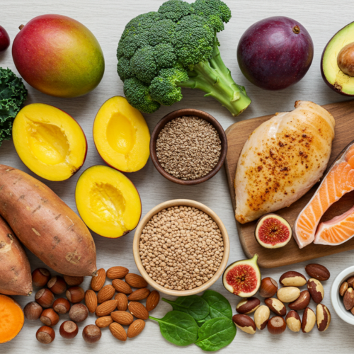 Eine farbenfrohe Präsentation verschiedener nahrhafter Lebensmittel, darunter Kirschen, Mango, Brokkoli, Pflaumen, Avocado, Sesamsamen, Grünkohl, gelbe Paprika, Süßkartoffeln, Lachs, Hühnerbrust, Feigen, Nüsse, Linsen und Spinat, ausgebreitet auf einem Holzbrett.