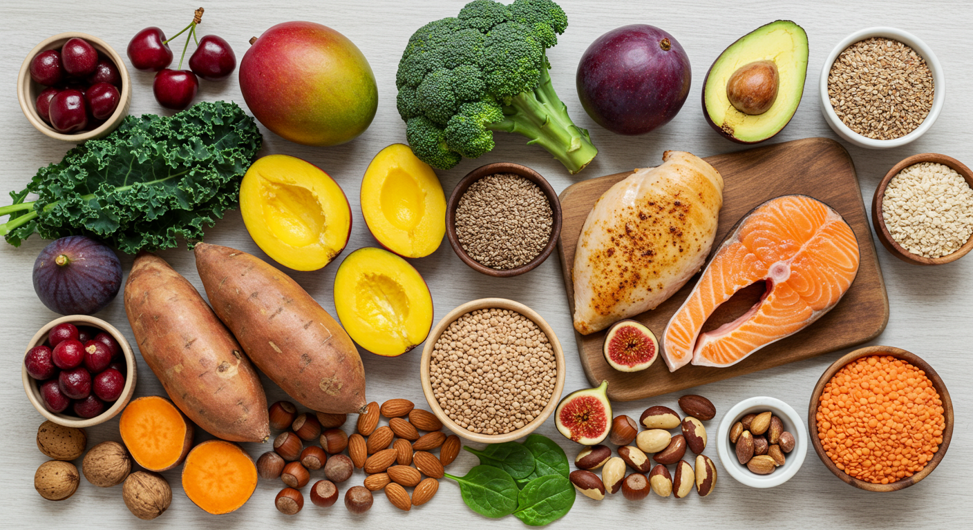 A vibrant display of various nutritious foods including cherries, mango, broccoli, plum, avocado, sesame seeds, kale, yellow bell pepper, sweet potato, salmon, chicken breast, figs, nuts, lentils, and spinach spread out on a wooden board.
