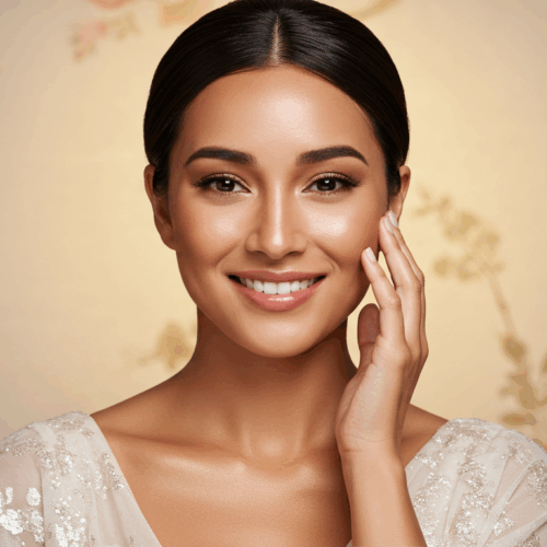 Une femme souriante à la peau lisse et au teint radieux, touchant doucement son visage avec sa main droite, portant un haut scintillant à épaules dénudées, sur un fond floral pastel.