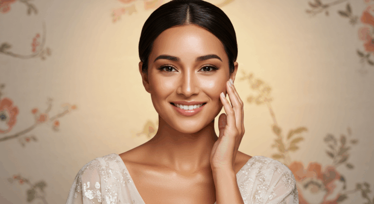 Pürüzsüz bir cilde ve parlak bir tene sahip, gülümseyen, sağ eliyle yüzüne hafifçe dokunan, üzerinde parıltılı, omuzları açık bir üst bulunan, pastel çiçekli bir arka planın önünde duran bir kadın.