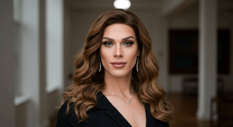 Uzun dalgalı kahverengi saçlı, siyah bir üst ve gümüş takılar takan, iyi aydınlatılmış bir odada, içeride duran bir kadının profesyonel portresi.