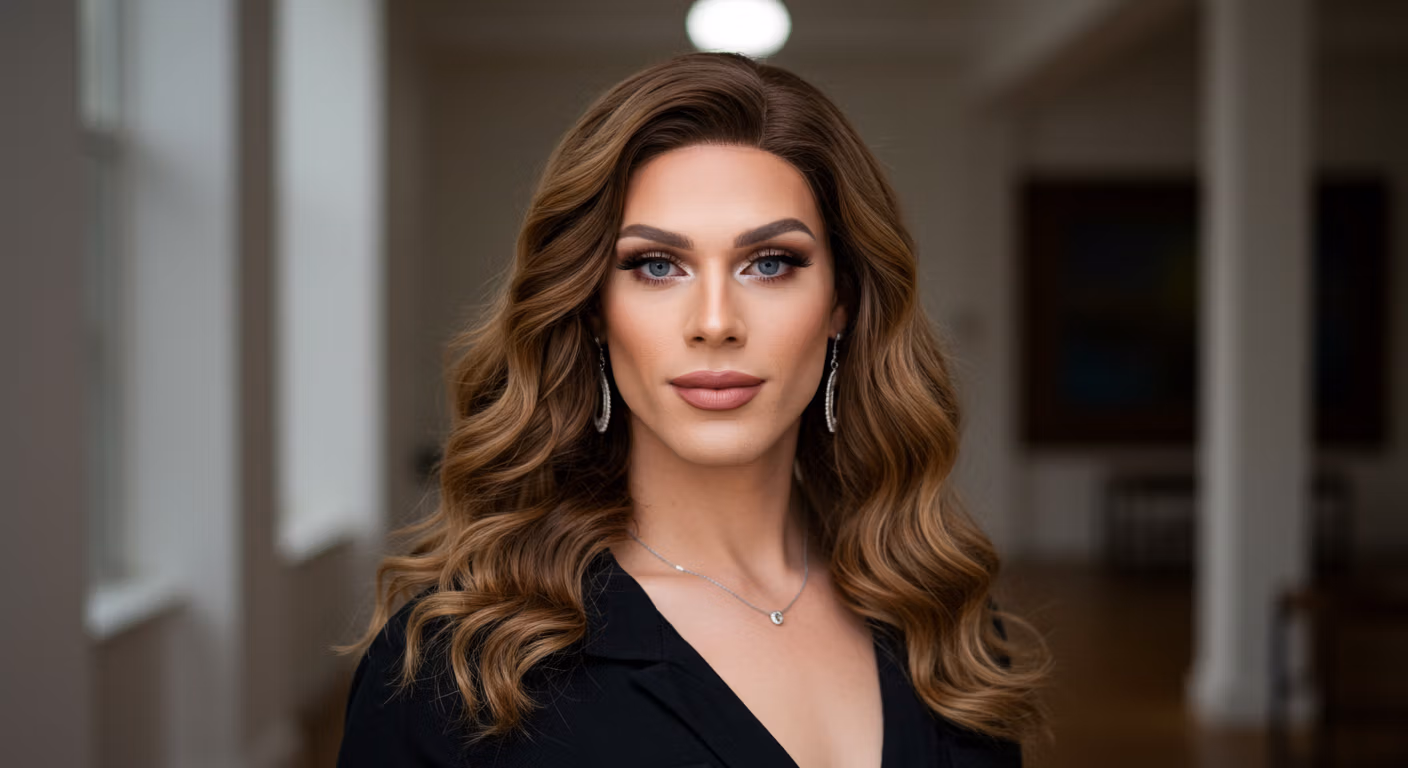 صورة احترافية لامرأة ذات شعر بني طويل مموج، ترتدي قميصًا أسود ومجوهرات فضية، وتقف في الداخل في غرفة مضاءة جيدًا.