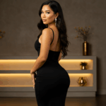 A woman in a sleek black dress standing in a modern, well-lit room with elegant decor.